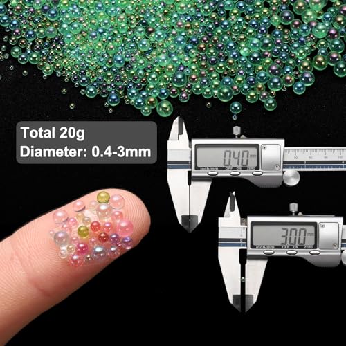 Iridescent Glass Tiny Bubble Beads, 0.4-3mm 20g No Hole Micro Mini Round Peacock Green Water Droplets Beads - Applications: for Resin, Nail Art, Dollhouse Bath Tub, 2-Pieces - color: Peacock Green, size: φ0.4-3mm