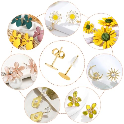 Earring Posts Stainless Steel, Flasoo 1200Pcs Hypoallergenic Earrings Posts and Backs, Gold Flat Pad Ear Ring Studs with Clutch for Earring Making and DIY Stud Earring Supplies - color: Gold