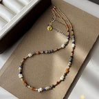 Handmade Natural Gemstone Beaded Necklace for Women, Cultured Freshwater Pearl Choker with Adjustable Extension Chain, Boho Healing Crystal Jewelry Collection - color: c Colorful