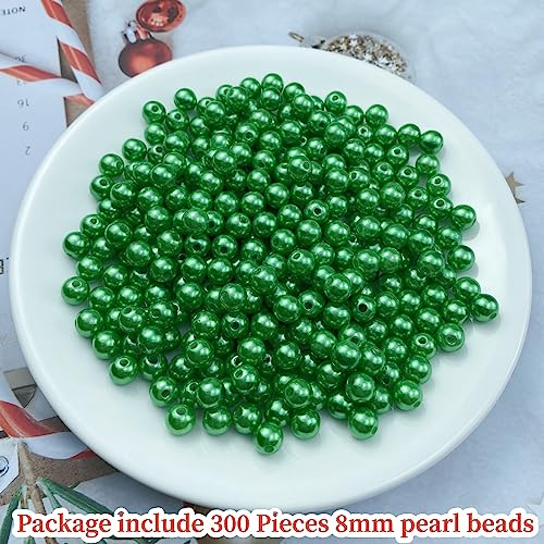 Pinhoollgo 300pcs Pearl Beads 8mm Round Pearl Beads with Hole for DIY Bracelet Necklace Jewelry Making Supplies Handmade Craft(Green) - color: Green, size: 8mm/300pcs