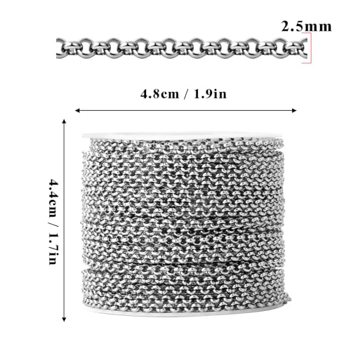 33FT Stainless Steel Rolo O Chains Roll, 2.5mm 304 Stainless Steel Round Rolo Chain Spool Bulk for Jewelry Making - color: stainless steel, size: 2.5mm
