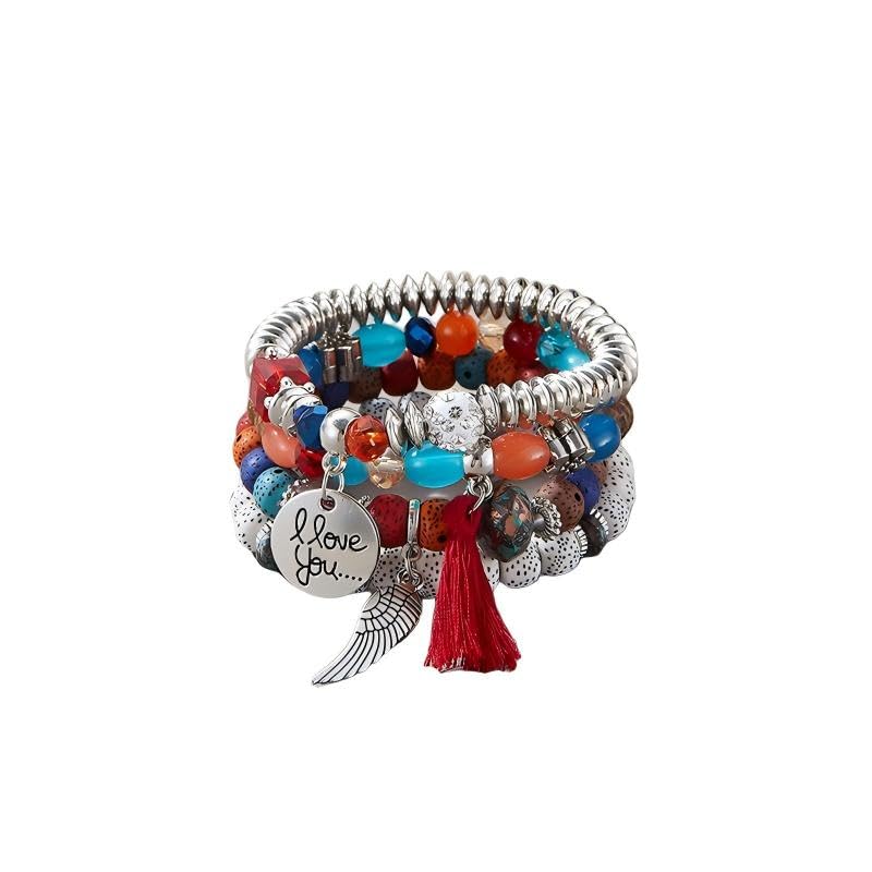 Bohemian Multilayer Beaded Bracelet Set, Colorful Stacked Stretch Bracelets with Tassel and Wing Charm - color: xhy021-1