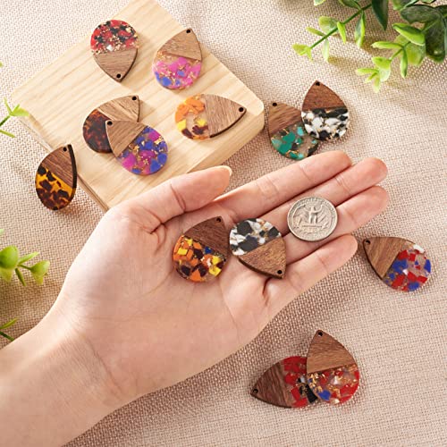 Beadthoven 16pcs/8 Pairs Resin Wood Teardrop Charms Earrings Pendants Mixed Colors Water Drop Shape Gold Foil Chips Wooden Pieces Pendants for Statement Jewelry Making Findings - color: Colorful Teardrop