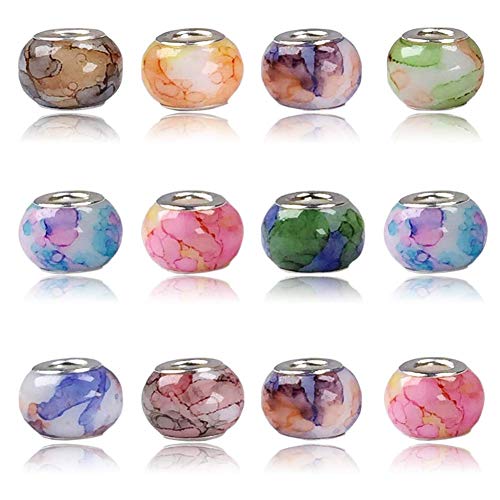 AIPRIDY 100Pcs 15x11mm Painting Murano Large Hole Glass Beads Mix Color with Silver Brass Cores European Charm fit Bracelet Necklace (Watercolor Effect OPEC White Glass) - color: Watercolor effect OPEC white glass