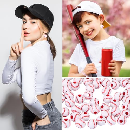 100pcs Baseball Beads with 5.5 Yard Elastic Rope,Acrylic Softball Beads Sports Bead DIY Spacer for Necklace Bracelet Keychains Handmade Jewelry Making Accessories Craft Supplies,12mm(White) - color: White Baseball
