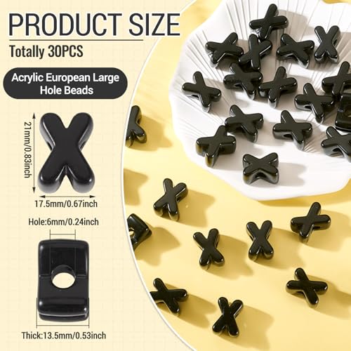 FASHEWELRY 30Pcs Acrylic Letter X Beads with Large Hole Big Plastic Letter Blocks European Beads 3D Letters Chunky Vowel Initial Alphabet Bead for Key Chains Necklace DIY Arts Craft Projects - color: Black, size: X