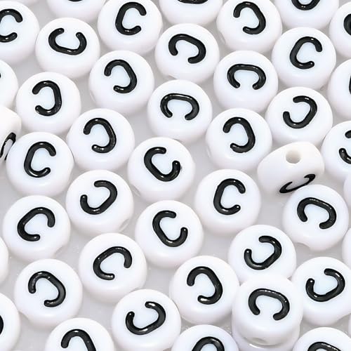 Amaney 100pcs C Letter Beads 7x4mm White Round Acrylic Black Alphabet for Bracelet Jewelry Making - color: C