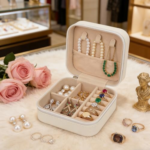First Communion Travel Jewelry Box, Small Zippered Jewelry Case with Soft Lining, White Square Keepsake Box for Rings Earrings Necklaces, Religious Keepsake Gift for Baptism or Wedding (1, White) - color: White