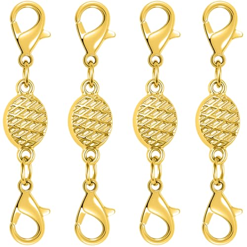 Magnetic Necklace Clasps and Closures-Magnetic Safety Clasp Extender with Lobster Clasps, Pineapple Texture Design, Gold and Silver (4pcs Gold) - color: 4pcs gold
