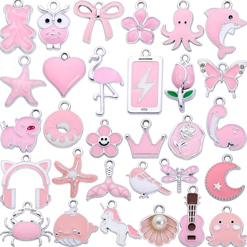 Silver-Tone Enamel Charms Set for DIY Jewelry Making - 30 PCS Colorful Metal Pendants for Bracelets, Necklaces, Keychains - Cute Craft Supplies, Gift for Womens - color: Pink