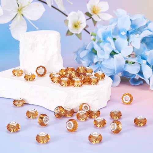 100pcs 14mm Large Hole Beads Glass Crystal Faceted Beads Goldenrod European Crystal Spacer Bead for Necklace Earring Bracelet Crafts Jewelry Making - color: Goldenrod