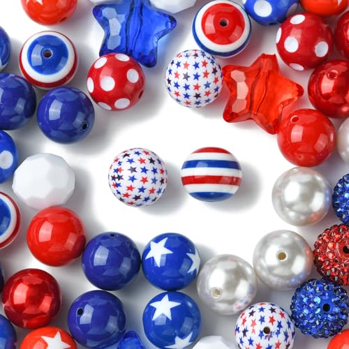 Ipotkitt 50 Pcs 8 Style Acrylic Independence Day Beads Patriotic Round and Star Beads America Flag Spacer Beads for Independence Day DIY Crafts Jewelry Making - color: 50pcs-Independence Day Beads-19~20mm
