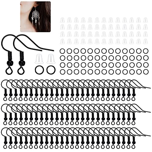 600Pcs Hypoallergenic Earring Hooks, Black Earring Making Kit, with Earring Backs and Jump Rings for Jewelry Making (Black) - color: Black