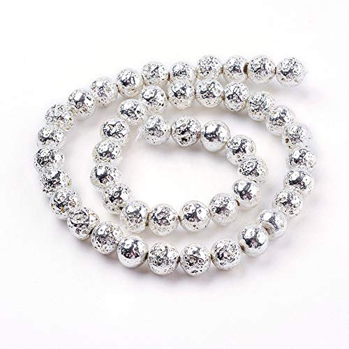 Beadthoven 5Strands Electroplated Natural Lava Bead 8mm Rock Round Stone Silver Plated Bead Charms for Jewelry Making Women & Men’s Bracelets Handmade Accessories Finding Supplies About 47pcs/Strand - color: Silver, size: 8mm
