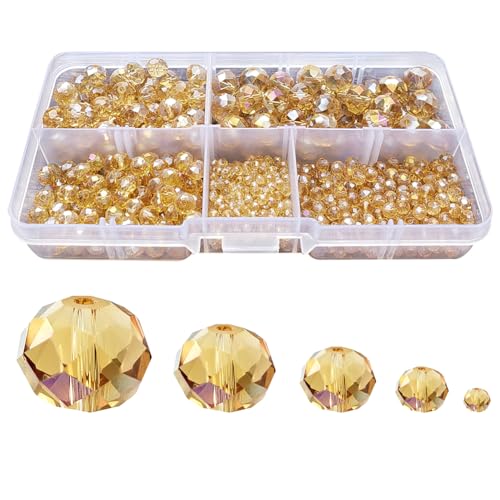 Gold Champagne Rondelle Glass Beads for Jewelry Making, Faceted Briolette Crytal Spacer Beads for Bracelet Necklace Earring (2mm 4mm 6mm 8mm 10mm Mixed Sizes, 1000pcs) - color: Gold Champagne
