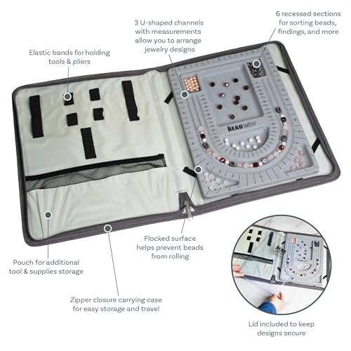 The Beadsmith Bead Folio – Basic Elements – 28” U Channel Bead Board with Lid and a Zippered Storage Case – Keep Your Designs, Beads & Tools Secure – Jewelry Making Supplies - size: 28" - U Channel Folio