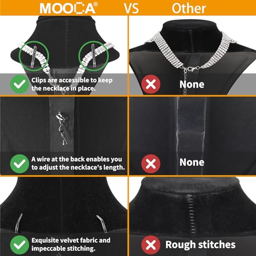 MOOCA 2-Piece Black Velvet Necklace Bust Display Set - Adjustable Hook - Jewelry Mannequin Stand for Necklaces & Chains up to 16-6 1/4 in H - color: Black Velvet