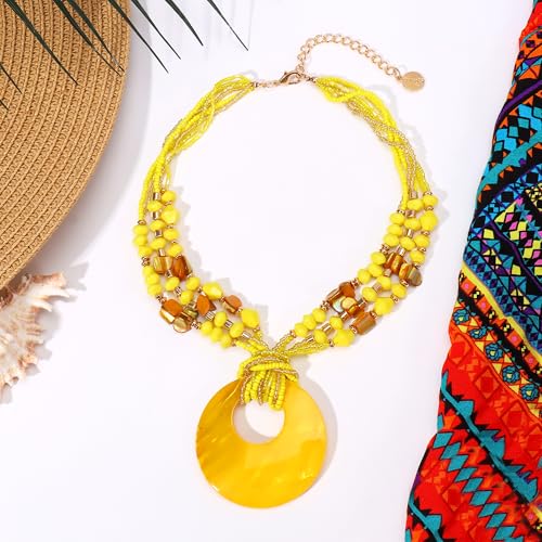 Coiris Shell Pendant Statement Strand Necklace for Women Boho Multi Beads Natural Stone Colorful Necklace Bohemian Handmade Chunky Shell Beaded Collar Jewelry for Women - color: Yellow
