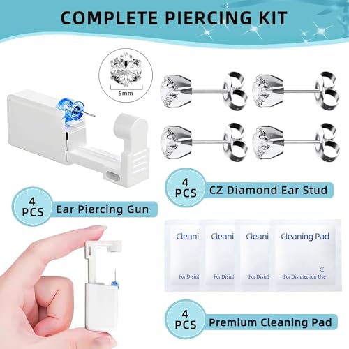 Nunpag 12 Pcs Ear Piercing Kit Disposable Ear Piercing Gun Kit with 4 Pcs 6 Prong Setting Cubic Zirconia Earrings Stud 316L Stainless Steel Easy to Use at Home Self Ear Piercer Gun Kit Tool, Silver - color: Silver
