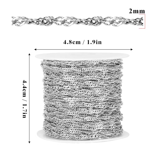 33 Feet Stainless Steel Singapore Chains Roll, 2mm 304 Stainless Steel Twisted Link Chain Bulk Spool for Jewelry Making DIY Craft - color: 2mm Stainless Steel