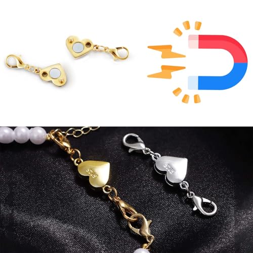 925 Silver Heart-Shaped Magnetic Necklace Clasps and Closures, Magnetic Clasp Converter for Jewelry Making Supplies,Chain Extender Connector for Necklace Bracelet (4gold + 4silver) - color: 4gold + 4silver