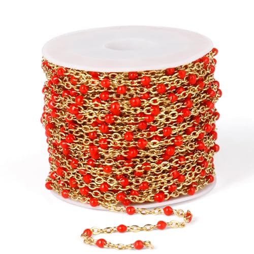 33 Feet Gold Enamel Chains Bulk, 2mm 18K Gold PVD Plated 304 Stainless Steel Red Enamel Beaded Cable Link Chain Roll Spool for Jewelry Making - color: Gold Red Beads