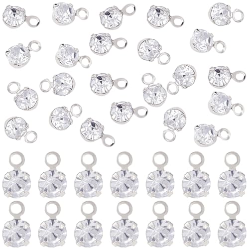 Beebeecraft 50Pcs 3.5mm Tiny Clear Crystal Charms 925 Sterling Silver Plated Cubic Zirconia Rhinestone Pendant Charms for Jewelry Making DIY Earring Necklace Bracelet - color: Silver