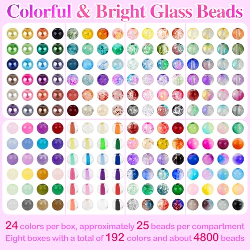 XSEINO 192 Colors 4800pcs 8mm Dream Candy Colorful Series Glass Beads Bracelet Making Kit,8 Box Different Unique Styles Crystal Bead for Making and DIY Crafts