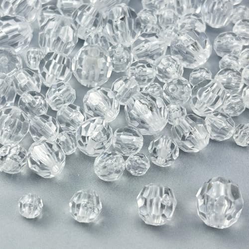 850pcs Acrylic Round Faceted Beads 6mm 8mm 10mm 12mm Faceted Round Spacer Beads for Bracelets Necklace Earring DIY Jewelry Making Craft(White) - color: White
