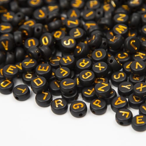 1000pcs 4x7mm Round Letter Beads Black Acrylic with Gold Letter Alphabet for Jewelry Making Friendship Bracelets (Gold Black) - color: gold Black