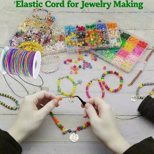 Elastic Jewelry Thread, 1mm Braided Thread, Used for Making Bracelets, Necklaces, DIY Crafts, Each roll 50 Meters, 4 Rolls 200 Meters (2 Black+2 Color) - color: 2 Black+2 Colorful