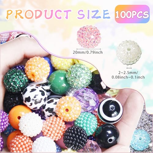 100 Pcs 20mm Beads for Pens Rhinestone Bubblegum Beads Mixed Crystal Acrylic Round Chunky Bead Sparkly Craft Large Balls Bead for Pen Beadable Keychain Bracelet Necklace DIY Jewelry Making Supplies - color: Rainbow