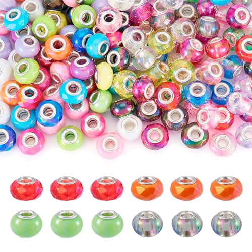 Beadthoven 120pcs Mix Large Hole European Beads Assorted Fairy Wand Beads Faceted Acrylic Spacer Beads with Silver Double Cores European Charms for Bracelet Necklace Jewelry Making - color: Multicolor