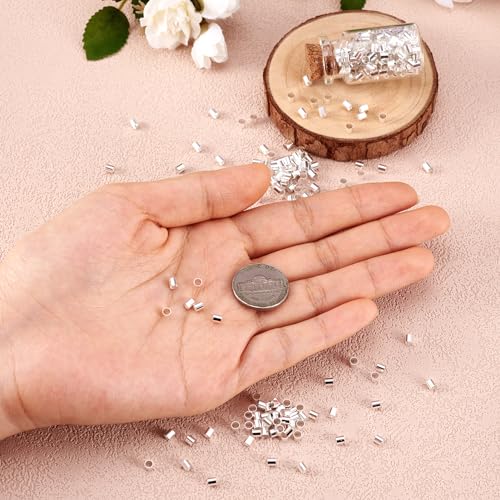 Pandahall 400Pcs Tiny Brass Tube Crimp Beads End Caps Column Crimps Stopper Beads Nickel Free for DIY Jewelry Making (Silver Color)