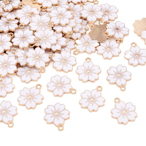 Beadthoven 100pcs Enamel Charms Cherry Blossom Daisy Flower Pendants Gold Plated Small Cute Bulk for Jewelry Making Bracelet Necklace Earrings Keychain DIY Accessories - color: Sakura Flower-White