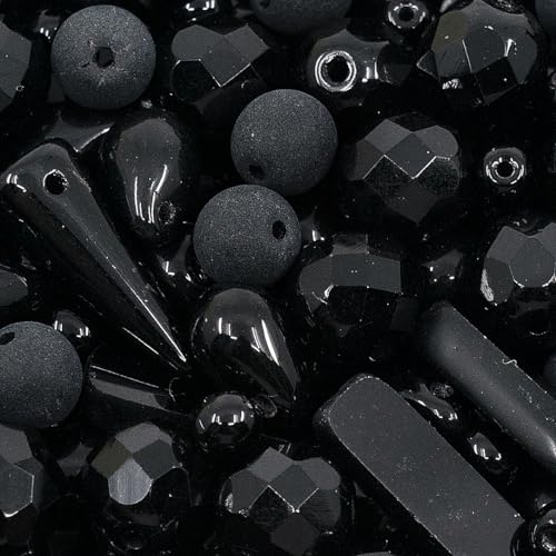 2.1oz (60g) of Glass Bead Mix with Drops, Table-Cut and fire Polish Czech Beads, Glossy & Matte Black - color: Black