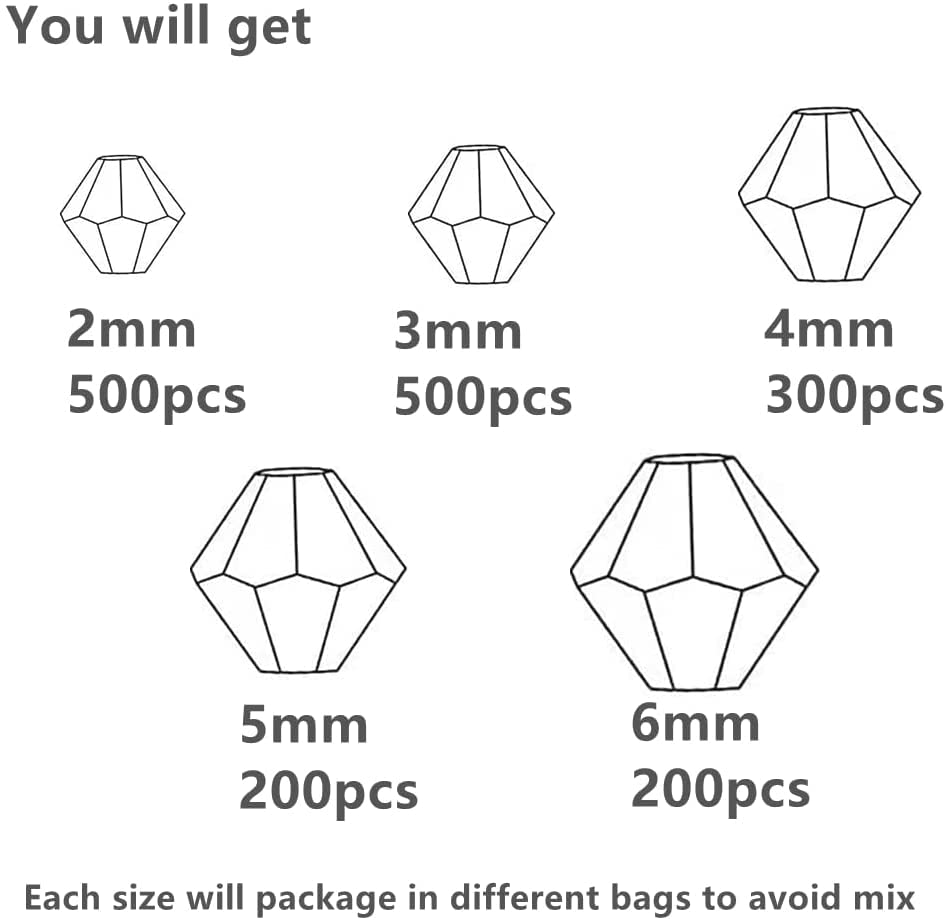 1700pcs Clear Bicone Crystal Beads 2mm 3mm 4mm 5mm 6mm Crystal Glass Bulk Faceted Beads for Necklace Bracelet Earrings DIY Jewelry Crafts Making Supplies - color: Clear, size: 2mm 3mm 4mm 5mm 6mm
