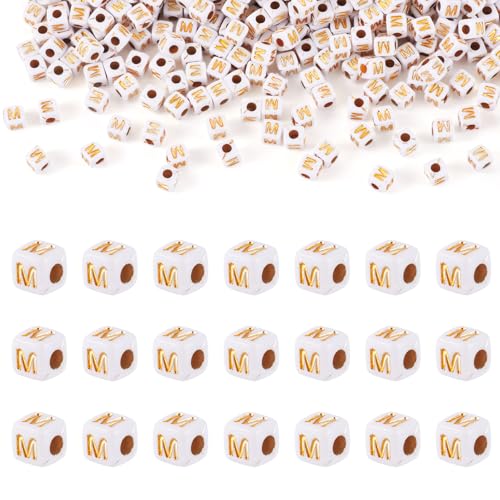 FASHEWELRY 500Pcs White Golden Letter Beads 4.5mm Square Alphabet Beads Acrylic Cube Letter M Beads for Friendship Bracelet Necklace Keychains Jewelry Making - color: Letter M