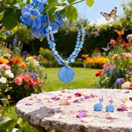 Layered Beads Statement Fashion Necklace Chunky Jewelry Set Big Colorful Glass Stone Circle Shell Pendant Choker Necklace and Earring Set for Women - color: light blue