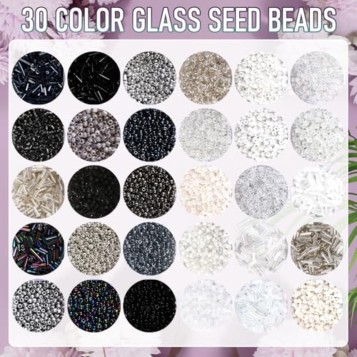 Jexine 2 Sets 30 Colors Glass Seed and Bugle Beads Kit Small Loose Craft Beads for Jewelry Making DIY Crafts Bracelets and Necklaces(Black, White) - color: Black, White