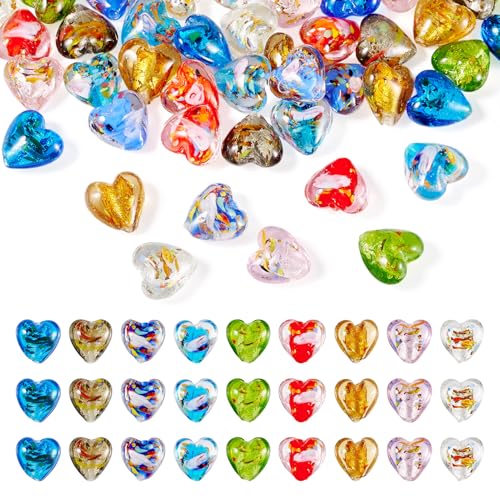 Beadthoven 45Pcs 9 Colors Handmade Lampwork Heart Glass Beads Gold Sand Heart Shaped Beads Colorful Crystal Valentine Bead Spacers for Jewelry Making Bracelet Necklace Earrings DIY Supplies - color: Heart Gold Foil