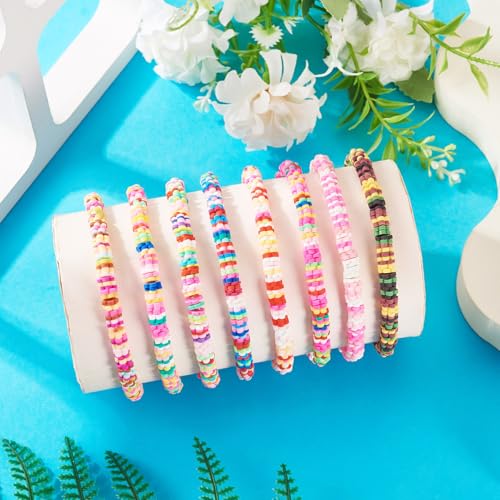 Elecrelive Glass Round Beaded Bracelet Set Clay Beaded Bracelets Stretch Bracelets - color: Mix 8 Colors