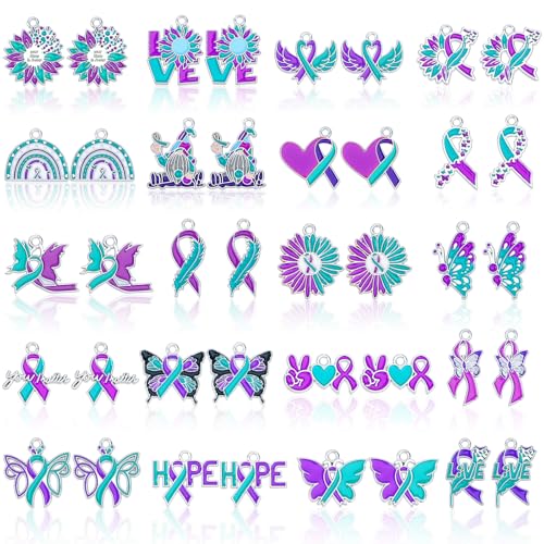 MARFOREVER 40 Pcs/20 Pairs Suicide Awareness Charms, Suicide Prevention Charms Teal Purple Ribbon Pendant for Bracelet Necklace Earrings Making Accessories - style: Suicide Awareness