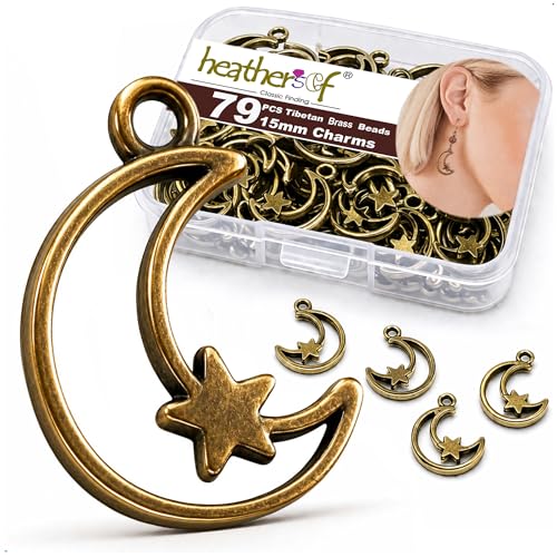 Heather's cf Celestial Beads Moon Charms Pendant Jewelry Making Earrings Necklace Bracelet Kit Findings Jump Rings Lobster Clasp Vintage Finish Plated Non Tarnish Look (Silver Star, 79-150Pcs) - color: Brass Moon- 79Pc