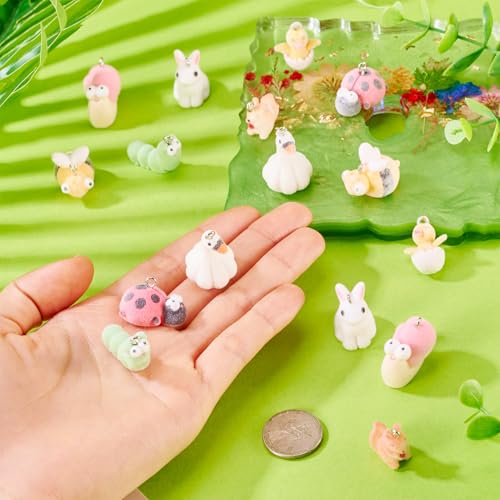 Beadthoven 16Pcs Resin Animal Charms Fuzzy Cute Rabbit Ladybug Bee Worm Duck Mini Pendants Animal Figures Miniature Ornament Cute Charms for Jewelry Making DIY Bracelet Necklace Earrings Keychain - color: Fuzzy-8 Styles