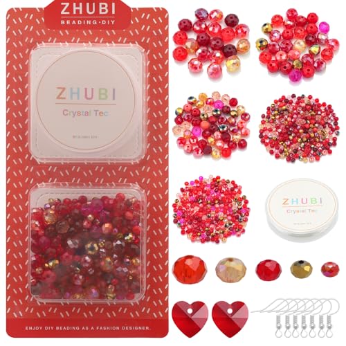 Red Crystal Bead DIY Kit Adult - Approx. 600-Piece Set with Mixed Sizes 10MM to 2MM Glass Beads for Jeselry Making Bracelets, Necklaces, and Earrings - Romantic Gift for Women - color: Red