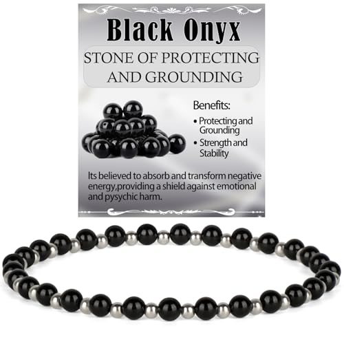 QOGIR 14k gold Handmade Healing Bracelet, Natural Gem Stone Crystal Elastic Gold Bracelet - color: Black Onyx Silver - Protecting and Grounding, size: 4m