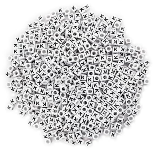 600PCS 6x6mm Square Acrylic Letter Beads K for Friendship Bracelets Jewelry Making, White Acrylic Cube Base with Black Alphabet Beads for DIY Crafts Bracelets Necklaces Key Chains Phone Lanyard - color: Letter K(Black on White)