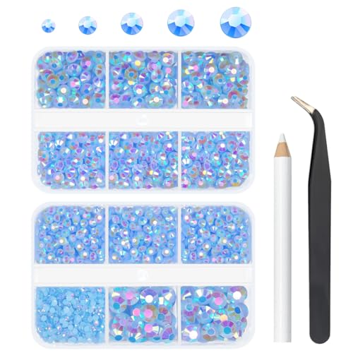qiipii Light Blue AB Resin Rhinestones for Crafting 2mm 3mm 4mm 5mm 6mm Flatback Baby Blue Jelly Stones Diamonds Crystals Gems for Face Eyes Makeup Tumblers Bottles DIY Crafts Clothes Shoes Phones Car - color: Light Blue AB