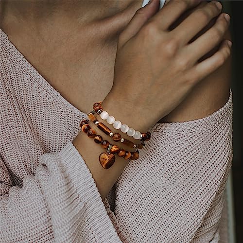 Vinswet Healing Crystal Beaded Bracelets for Women,Natural Amethyst Gemstones Bracelet,Anxiety Stress Relief Heart Charm Bracelet Handmade purple Jewelry Gifts for Women - color: Tiger eyes&Moonstone